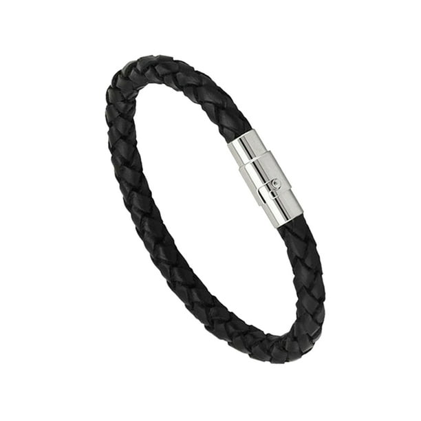 Women & Men Black Leather Wristband Stainless Steel Magnetic Clasp Bracelet